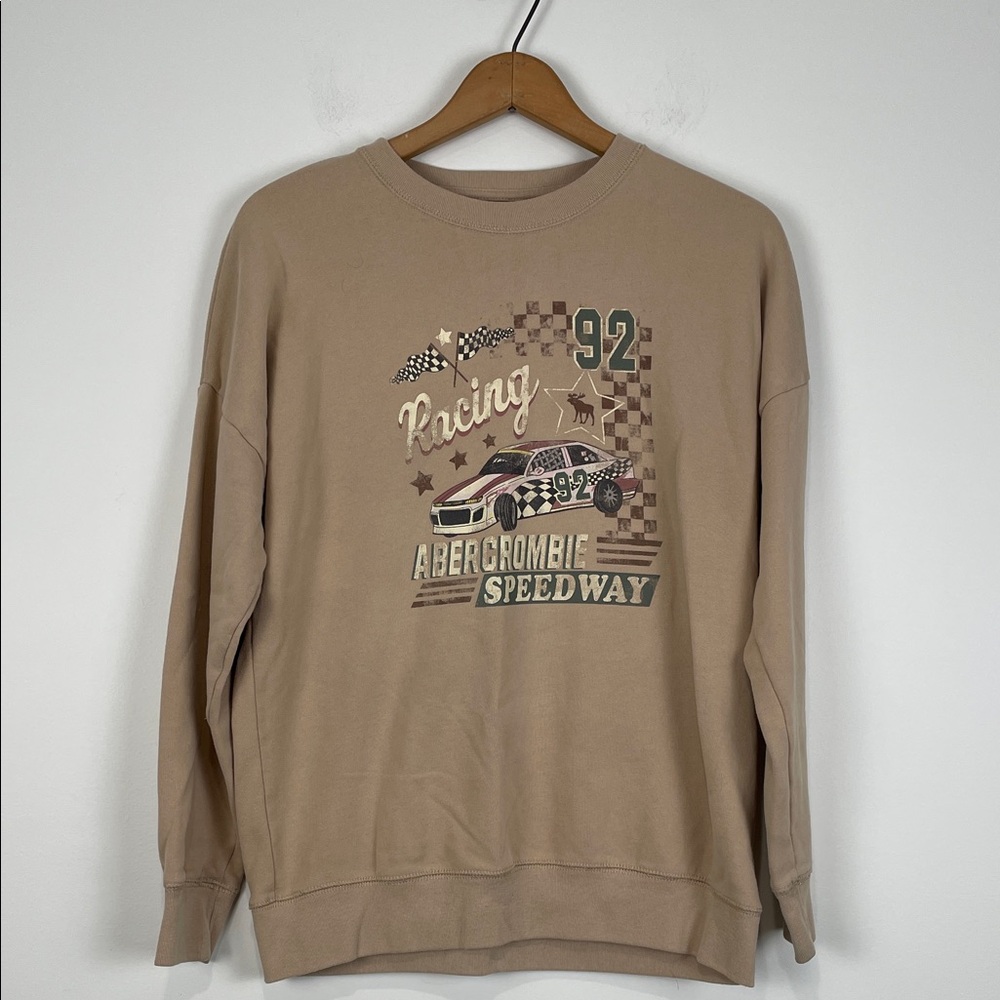 Abercrombie & Fitch Kids 15/16 Racing Graphic Tan Crewneck Sweatshirt Brown